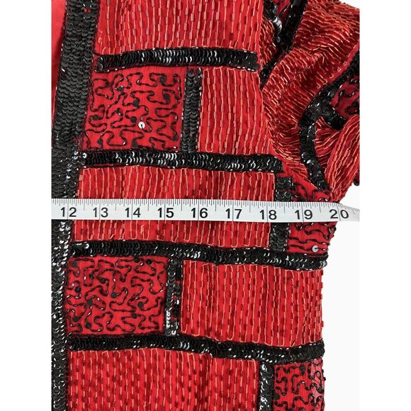 VTG Women 2X Bold Sequin Silk Red Black Beaded Geometric Retro 38" Long Jacket - Picture 4 of 11